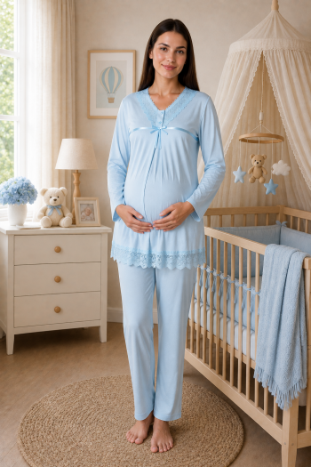 Effortt 4032 MAVİ Dantelli Lohusa Pijama Takım